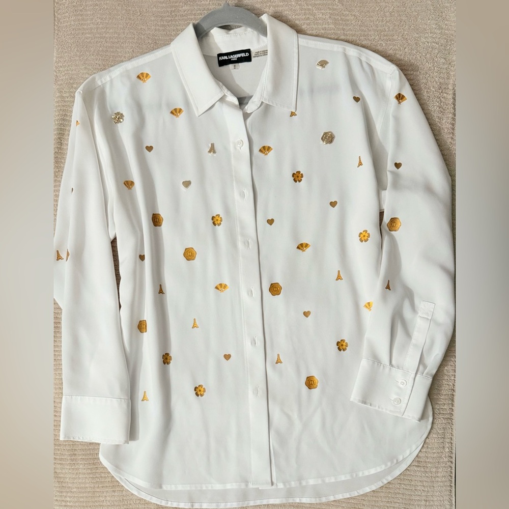 Karl Lagerfeld White and Gold Button Down Shirt
